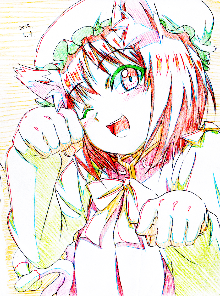 1girl animal_ears cat_ears cat_tail chen colored_pencil_(medium) dated eyebrows_visible_through_hair graphite_(medium) green_hat hat highres long_hair long_sleeves mob_cap multiple_tails nekomata one_eye_closed paw_pose pink_x red_eyes red_vest redhead shirt smile solo tail touhou traditional_media two_tails upper_body vest yellow_shirt