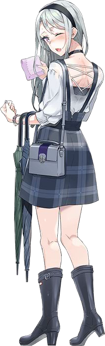 1girl alternate_costume asymmetrical_bangs bangs boots drew_(drew213g) hairband kantai_collection long_hair looking_at_viewer official_art open_mouth sagiri_(kantai_collection) silver_hair smile swept_bangs tareme umbrella violet_eyes