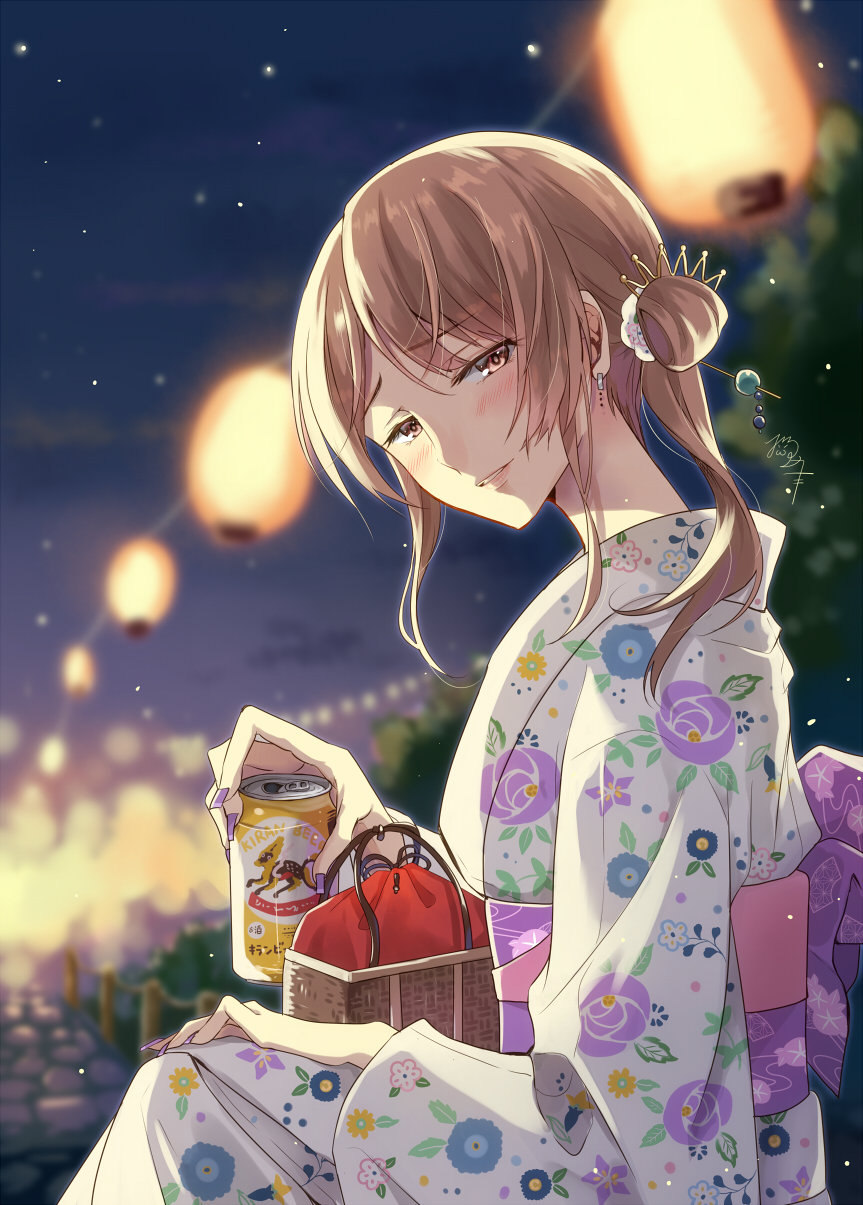 1girl bag bangs beer_can blurry blurry_background brown_eyes brown_hair can commentary_request floral_print half-closed_eyes hand_on_own_knee highres holding holding_can japanese_clothes kimono lantern long_hair long_sleeves looking_at_viewer nekozuki_yuki night night_sky obi original outdoors paper_lantern parted_lips sash side_bun signature sitting sky smile solo white_scrunchie yukata
