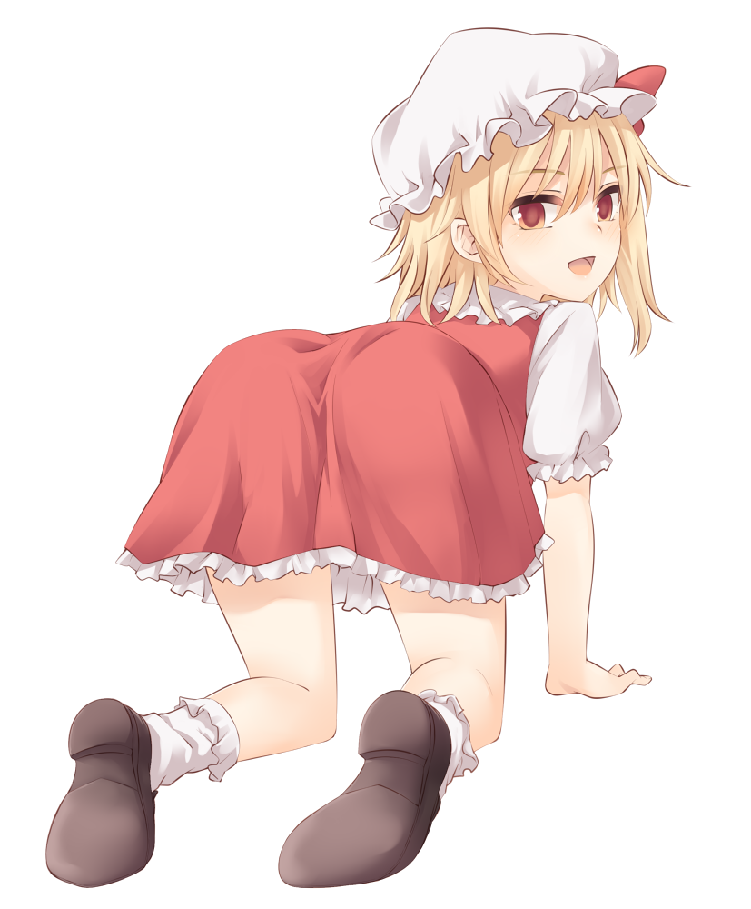 1girl :d all_fours ass blonde_hair bow brown_footwear commentary_request dress flandre_scarlet frilled_shirt_collar frills from_behind hair_between_eyes hat hat_bow loafers looking_at_viewer looking_back miyo_(ranthath) mob_cap no_wings open_mouth puffy_short_sleeves puffy_sleeves red_bow red_dress red_eyes shoes short_hair short_sleeves side_ponytail simple_background smile socks solo touhou white_background white_hat white_legwear