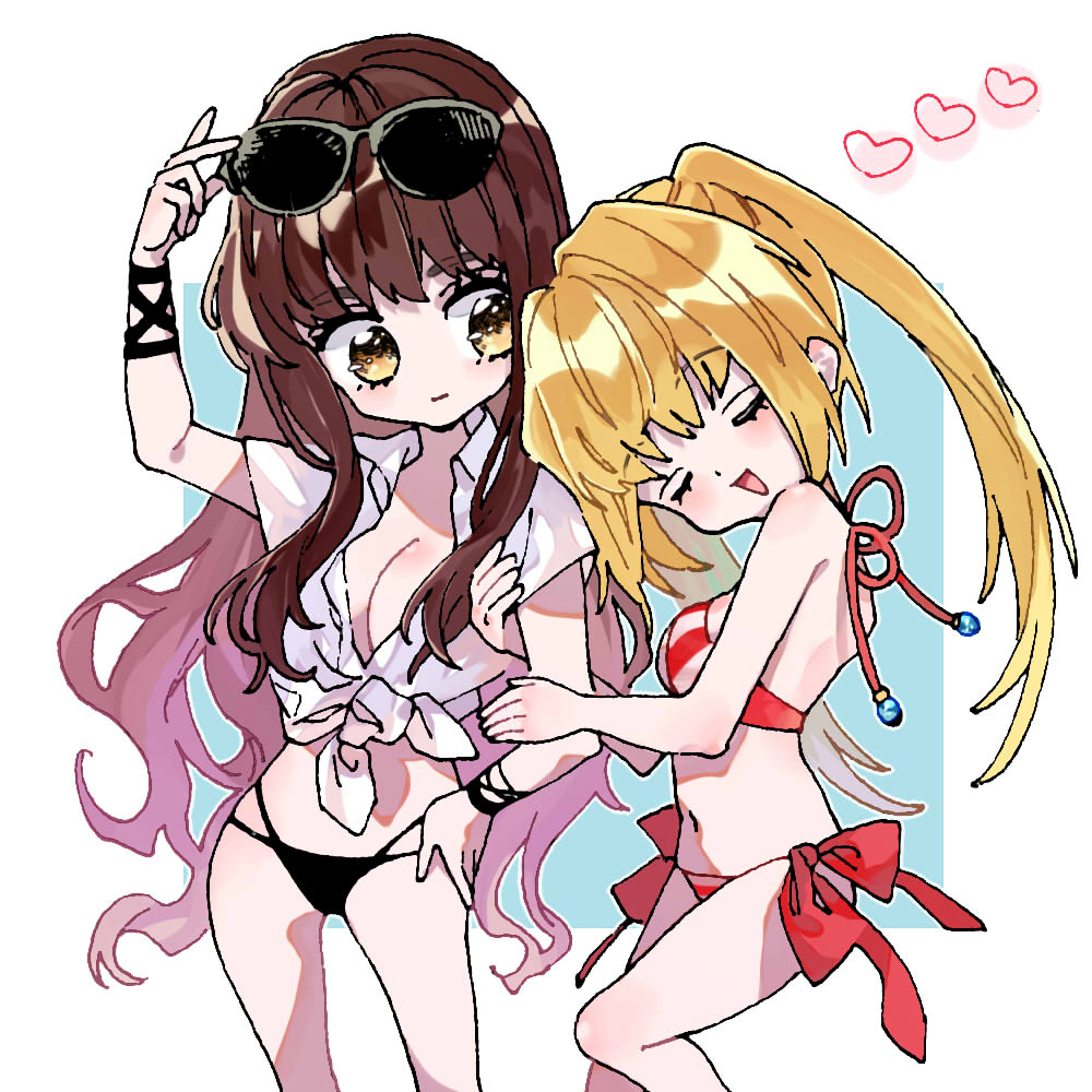 2girls arm_hug ayatsuku82 bikini black_bikini_bottom breasts brown_eyes brown_hair cleavage closed_eyes commentary eyewear_on_head fate/extra fate/grand_order fate_(series) hand_on_hip kishinami_hakuno_(female) long_hair looking_at_another multiple_girls nero_claudius_(fate)_(all) nero_claudius_(swimsuit_caster)_(fate) open_mouth red_bikini saber_extra smile striped striped_bikini sunglasses swimsuit twintails very_long_hair yuri