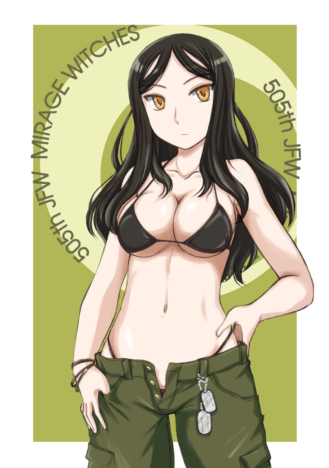 1girl 505th_joint_fighter_wing bangs bikini black_bikini black_hair bracelet breasts cleavage closed_mouth collarbone commentary constantia_cantacuzino dog_tags english green_background green_pants hand_on_hip highleg highleg_bikini highres jewelry light_frown long_hair looking_at_viewer medium_breasts navel outside_border pants solo standing string_bikini swept_bangs swimsuit unbuttoned_pants wan'yan_aguda world_witches_series yellow_eyes