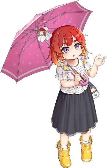 1girl akasaka_yuzu alternate_costume blue_eyes bob_cut boots braid etorofu_(kantai_collection) kantai_collection official_art open_mouth redhead side_braid thick_eyebrows tsurime twin_braids umbrella