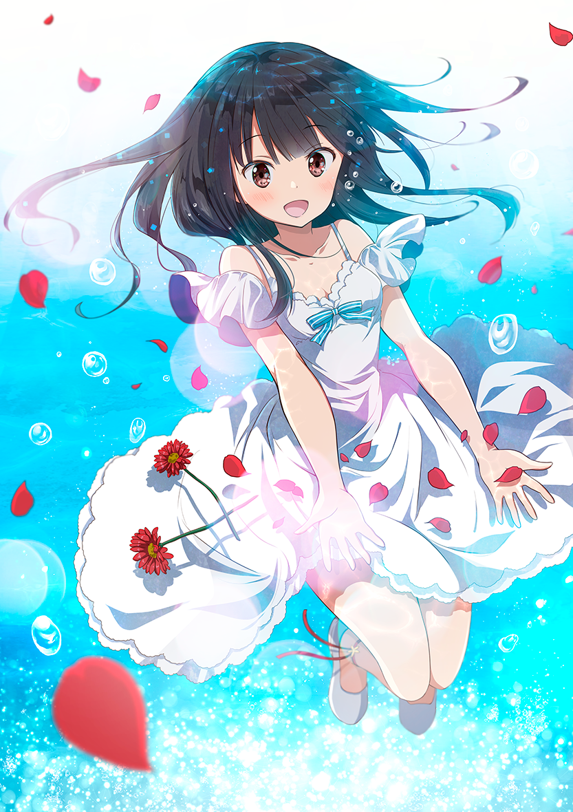 1girl :d bangs bare_shoulders black_hair blue_bow blush bow breasts brown_eyes bubble chijou_noko chikanoko cleavage commentary_request dress eyebrows_visible_through_hair flower long_hair looking_at_viewer open_mouth petals ragho_no_erika red_flower red_ribbon ribbon shoes sleeveless sleeveless_dress small_breasts smile solo striped striped_bow water white_background white_dress white_footwear