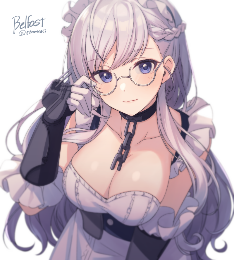 1girl adjusting_eyewear apron arm_guards azur_lane bangs belfast_(azur_lane) bespectacled blue_eyes blurry blush braid breasts chains character_name cleavage closed_mouth collar collarbone corset depth_of_field elbow_gloves eyebrows_visible_through_hair french_braid frilled_gloves frilled_sleeves frills gauntlets glasses gloves grey-framed_eyewear large_breasts leaning_forward long_hair looking_at_viewer looking_up maid_headdress semi-rimless_eyewear silver_hair simple_background smile solo turret twitter_username under-rim_eyewear upper_body very_long_hair veryberry00 white_apron white_background white_gloves