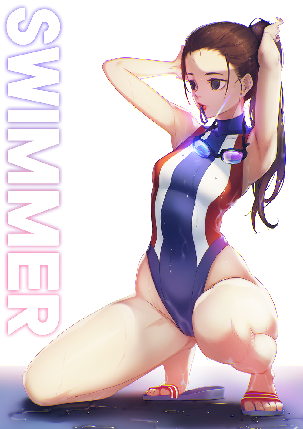 1girl adjusting_hair armpits arms_up bare_shoulders blueorca breasts brown_hair competition_swimsuit dripping goggles goggles_around_neck hair_tie hair_tie_in_mouth highleg highleg_swimsuit highres lips long_hair mouth_hold one-piece_swimsuit one_knee original ponytail sandals small_breasts solo swimsuit water wet wet_hair