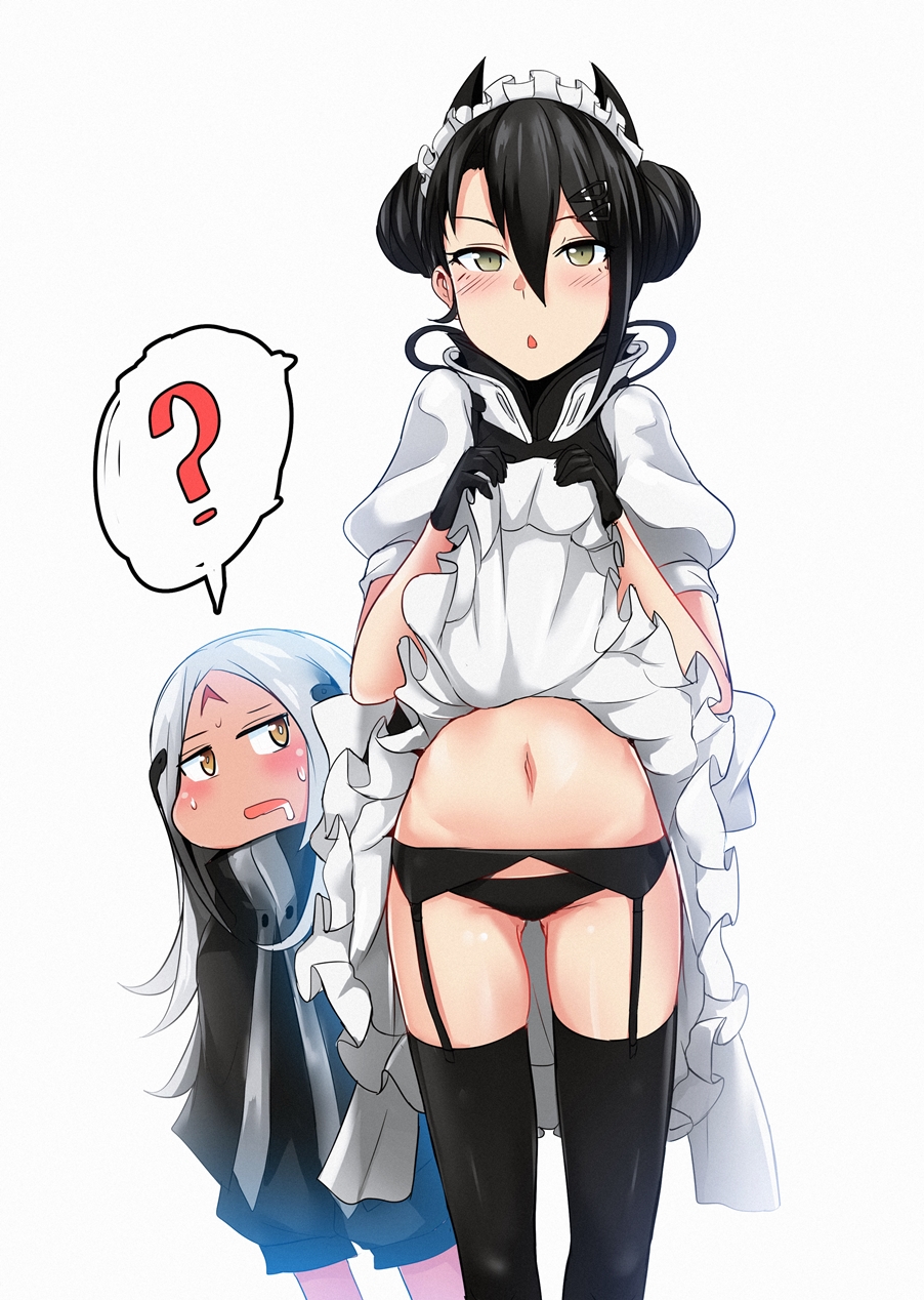 2girls :o ? agent_(girls_frontline) black_gloves black_hair black_legwear black_panties blush double_bun dress dress_lift drooling elisa_(girls_frontline) facial_mark forehead_mark frilled_dress frills garter_belt girls_frontline gloves grey_eyes hair_between_eyes hair_ornament hairclip highres horns long_hair looking_at_another looking_at_viewer maid maid_headdress multiple_girls navel panties puffy_short_sleeves puffy_sleeves short_sleeves silver_hair spoken_question_mark sweat thigh-highs underwear yellowseeds