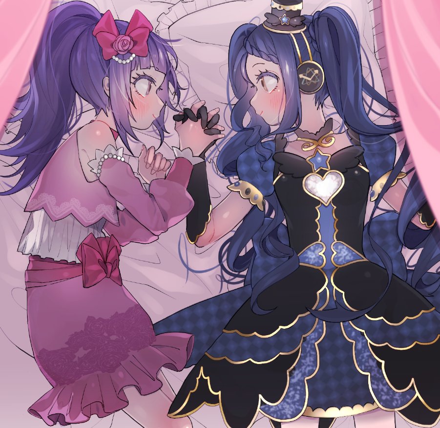 2girls bangs black_gloves black_hair blush braid detached_collar detached_sleeves dress elbow_gloves flower frilled_pillow frilled_skirt frills galala_s_leep gloves hair_flower hair_ornament hair_ribbon hanazono_shuuka hand_holding hat headphones heart idol_time_pripara long_hair looking_at_another lying mini_hat mini_top_hat mpmpgnz multiple_girls on_back on_bed on_side pillow pink_flower pink_ribbon pink_rose pink_skirt ponytail pripara purple_hair ribbon rose short_sleeves sidelocks skirt smile star top_hat twintails yellow_eyes yuri