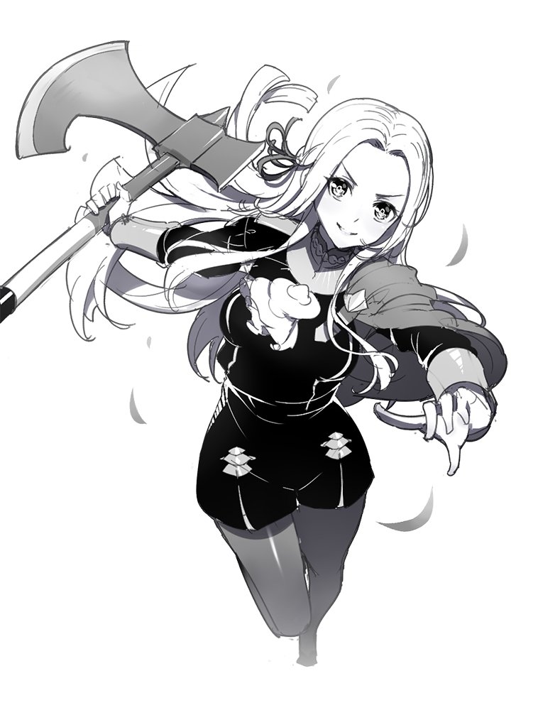 1girl axe cape cravat edelgard_von_hresvelgr_(fire_emblem) fire_emblem fire_emblem:_three_houses grey_background hair_ornament long_hair looking_at_viewer mole mole_under_mouth monochrome ririko_(zhuoyandesailaer) simple_background smile solo uniform weapon