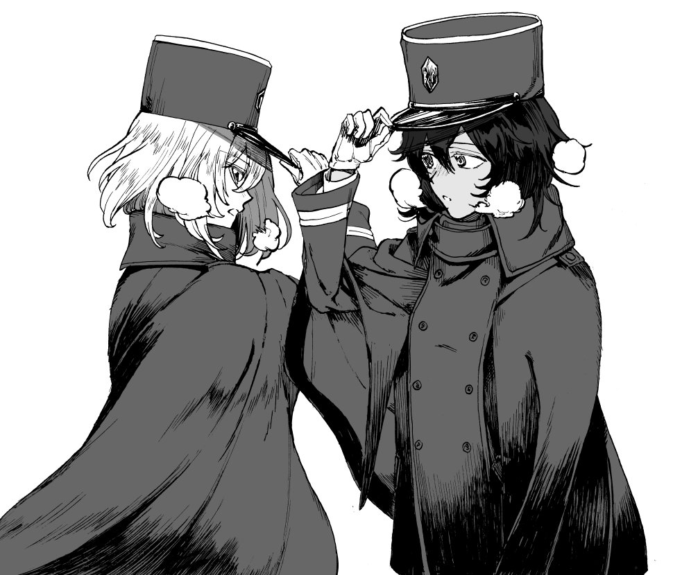 2girls andou_(girls_und_panzer) bangs bc_freedom_(emblem) bc_freedom_military_uniform breath coat commentary_request dark_skin double-breasted emblem eyebrows_visible_through_hair from_side girls_und_panzer gloves greyscale hat hat_tip light_frown long_sleeves looking_at_another medium_hair messy_hair military_hat monochrome multiple_girls open_mouth oshida_(girls_und_panzer) shako_cap shutou_mq standing upper_body winter_uniform