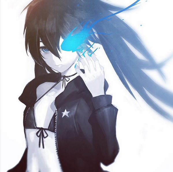 bikini_top black_hair black_rock_shooter black_rock_shooter_(character) blue_eyes burning_eye coat glowing glowing_eye huke instagram long_hair midriff pale_skin scar twintails uneven_twintails