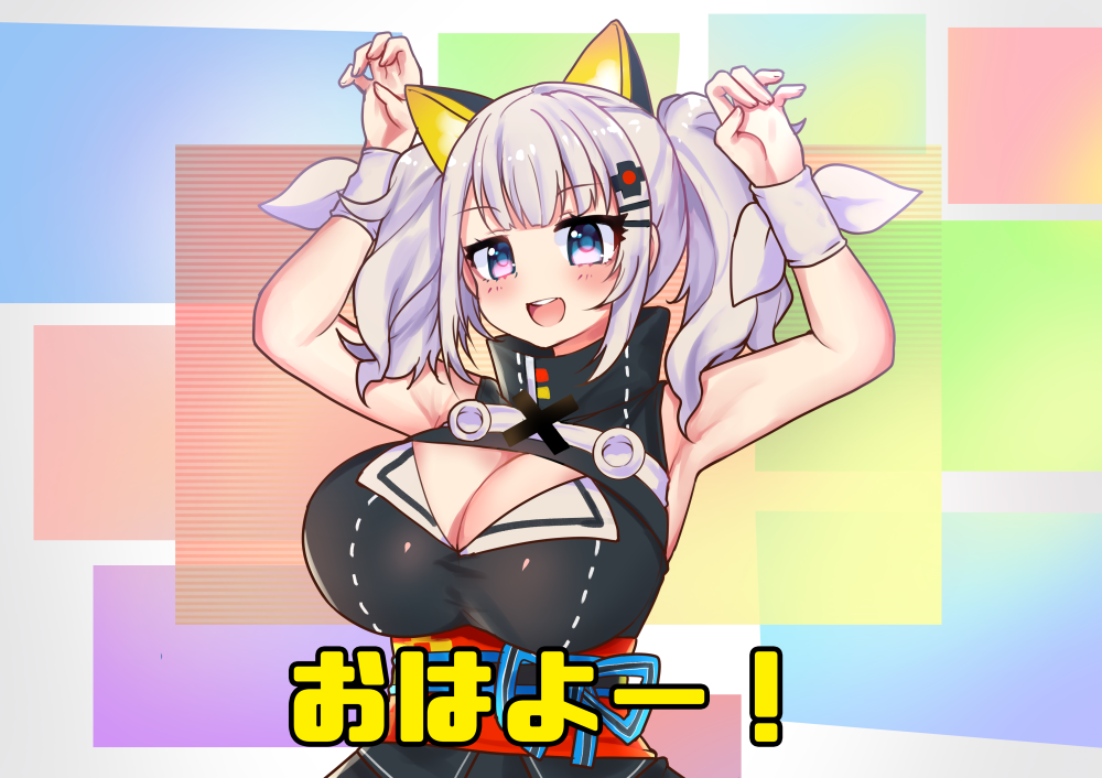 1girl :d armpits black_kimono blue_eyes blush breasts cleavage d-pad d-pad_hair_ornament hair_ornament hairclip hands_up huge_breasts japanese_clothes kaguya_luna kaguya_luna_(character) kimono lavender_hair looking_at_viewer obi open_mouth osiimi paid_reward patreon_reward round_teeth sash smile solo teeth twintails upper_body wristband