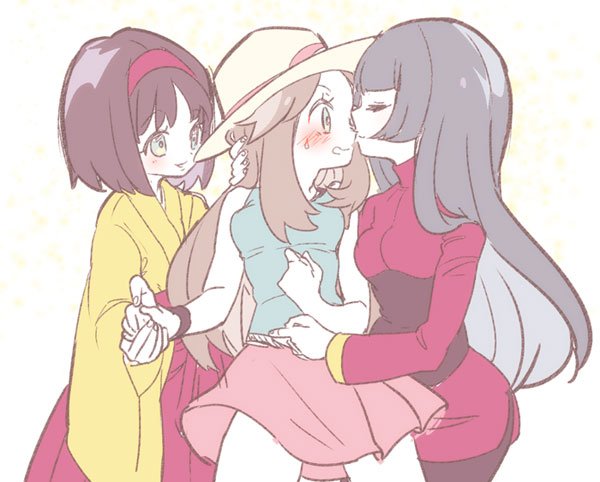 3girls black_hair blue_(pokemon) blush chorimokki closed_eyes commentary_request erika_(pokemon) facing_another hairband hand_holding hat imminent_kiss japanese_clothes kimono long_hair long_sleeves looking_at_another multiple_girls natsume_(pokemon) open_mouth pink_skirt pokemon pokemon_(game) pokemon_frlg red_hairband shirt short_hair skirt sleeveless sleeveless_shirt sweat white_background wide_sleeves yellow_kimono yuri