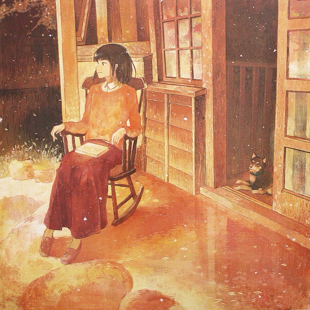 1girl armchair brown_eyes brown_hair chair closed_mouth collared_shirt commentary_request dog door gemi long_sleeves monochrome orange_(color) original plant porch potted_plant red_skirt shirt sitting skirt solo white_shirt window wing_collar