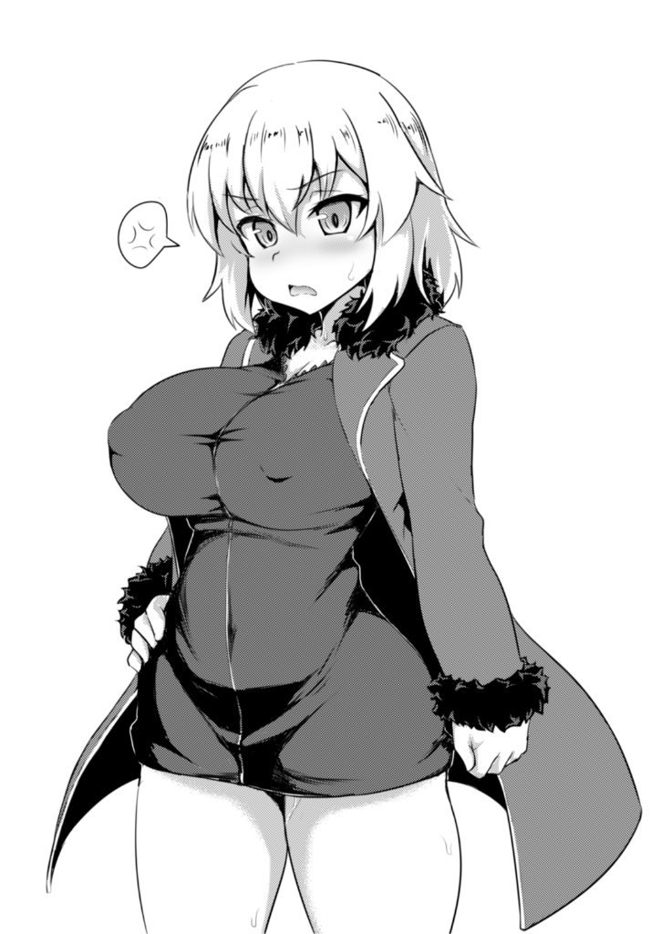 1girl anger_vein bangs blush breasts cleavage coat commentary cosplay covered_navel cowboy_shot dress eyebrows_visible_through_hair fate/apocrypha fate_(series) frown fur-trimmed_sleeves fur_collar fur_trim hand_on_hip itsumi_erika jeanne_d'arc_(fate) jeanne_d'arc_(fate)_(all) jeanne_d'arc_(fate)_(cosplay) long_hair long_sleeves looking_at_viewer microdress monochrome open_clothes open_coat shanaharuhi solo spoken_anger_vein standing sweat sweatdrop