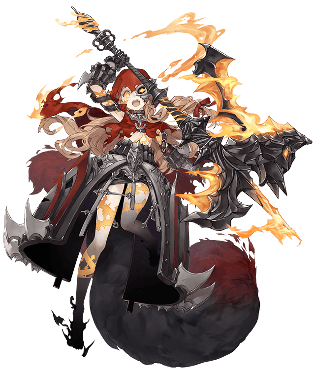 1girl armor armored_dress belt black_skin blonde_hair crazy_eyes dark_persona fire full_body gauntlets half-nightmare half_mask hood huge_weapon ji_no little_red_riding_hood_(sinoalice) long_hair looking_at_viewer mace mask missing_tooth multicolored multicolored_skin official_art pale_skin sinoalice solo tail tattoo torn_clothes transparent_background weapon wolf_tail yellow_eyes