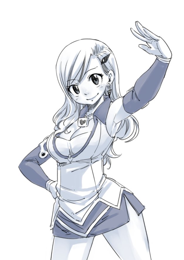 1girl arm_up bangs breasts cleavage cowboy_shot detached_sleeves eden's_zero hair_ornament hand_on_hip jewelry large_breasts long_hair mashima_hiro microskirt monochrome necklace official_art outstretched_arm pencil_skirt simple_background sketch skirt smile solo standing swept_bangs white_background