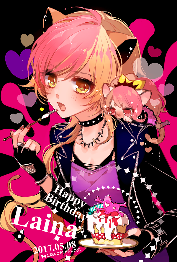 1girl 2girls animal_ears black_background black_bra black_choker black_gloves black_jacket blonde_hair bra breasts cake chibi chino_machiko choker collar dated fangs fingerless_gloves fingernails food fork gloves happy_birthday heart holding jacket laina_(show_by_rock!!) lion_ears long_hair long_sleeves looking_at_viewer multicolored_hair multiple_girls nail_polish on_shoulder open_clothes open_jacket open_mouth pink_shirt red_nails redhead shirt show_by_rock!! signature simple_background slit_pupils small_breasts solo spiked_collar spikes strawberry_shortcake underwear