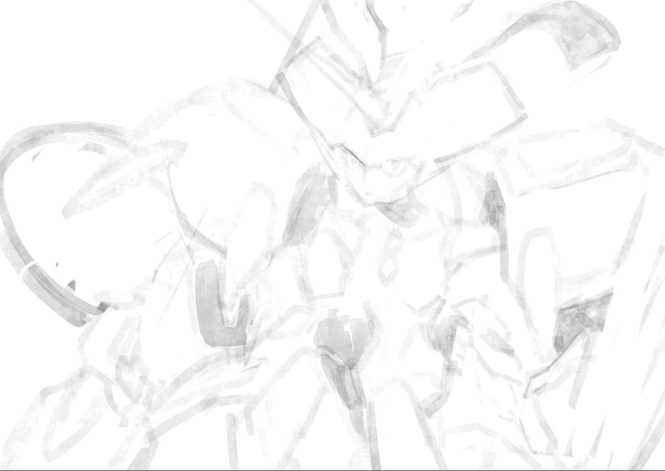 breasts cowboy_shot darling_in_the_franxx holding holding_spear holding_weapon horn humanoid_robot koyama_shigeto looking_at_viewer mecha medium_breasts no_humans open_mouth polearm red_eyes simple_background sketch solo spear strelizia weapon white_background work_in_progress