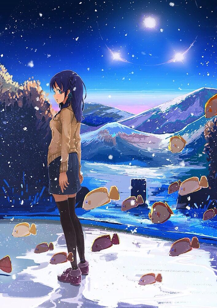 1girl black_legwear blue_eyes blue_hair blue_skirt blue_sky commentary_request fish flying_fish gemi looking_at_viewer looking_back original pleated_skirt shoes skirt sky solo standing star_(sky) starry_sky sun thigh-highs zettai_ryouiki