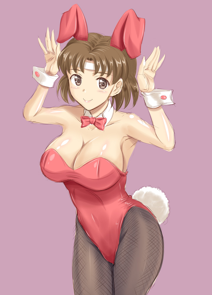 1girl animal_ears bow bowtie breasts brown_eyes brown_hair bunny_girl bunny_pose bunny_tail bunnysuit chiyoda_(kantai_collection) cleavage cowboy_shot detached_collar headband kantai_collection kishi_nisen large_breasts leotard looking_at_viewer pantyhose purple_background rabbit_ears red_leotard red_neckwear short_hair simple_background smile solo strapless strapless_leotard tail wrist_cuffs