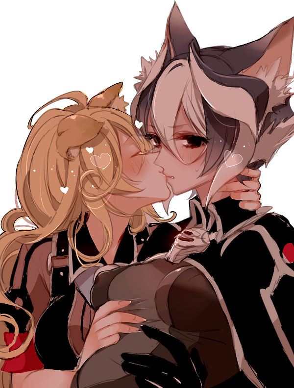 2girls animal_ears black_cape black_eyes black_hair black_jacket blonde_hair blush breasts brown_gloves cape cat_ears chino_machiko closed_eyes dog_ears erect_nipples gloves groping heart jacket kemonomimi_mode kiss long_hair looking_at_viewer lyza made_in_abyss medium_breasts multicolored_hair multiple_girls ozen short_hair simple_background solo sweatdrop two-tone_hair whistle white_background white_hair yuri