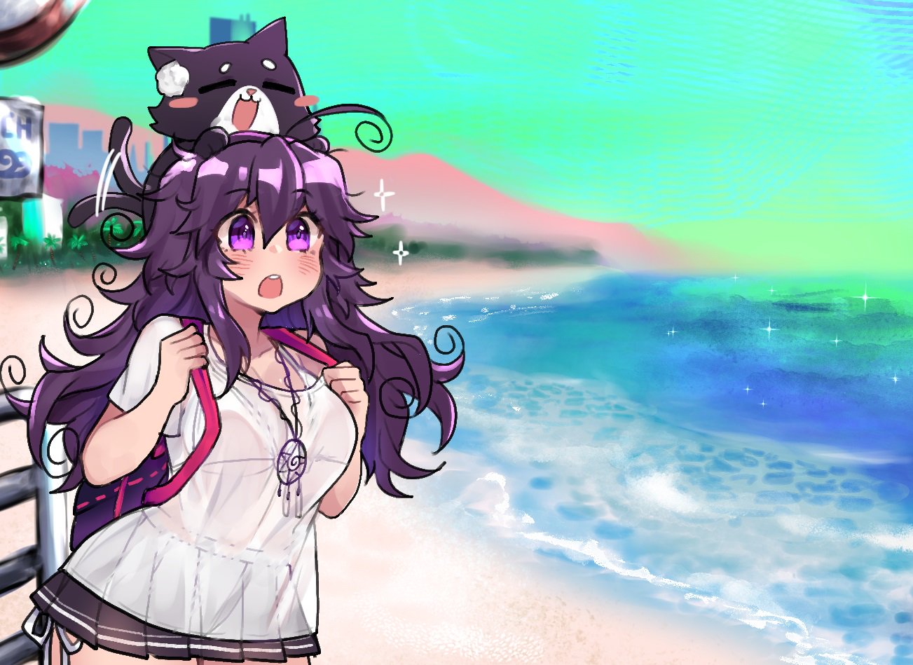 1girl :o ahoge beach bikini black_skirt blue_sky blush breasts cat cleavage commentary_request day dress eyebrows_visible_through_hair jewelry large_breasts long_hair messy_hair necklace nyarla_(osiimi) ocean original osiimi outdoors pleated_skirt purple_hair side-tie_bikini skirt sky solo sparkle standing swimsuit tail_wagging white_dress wide-eyed