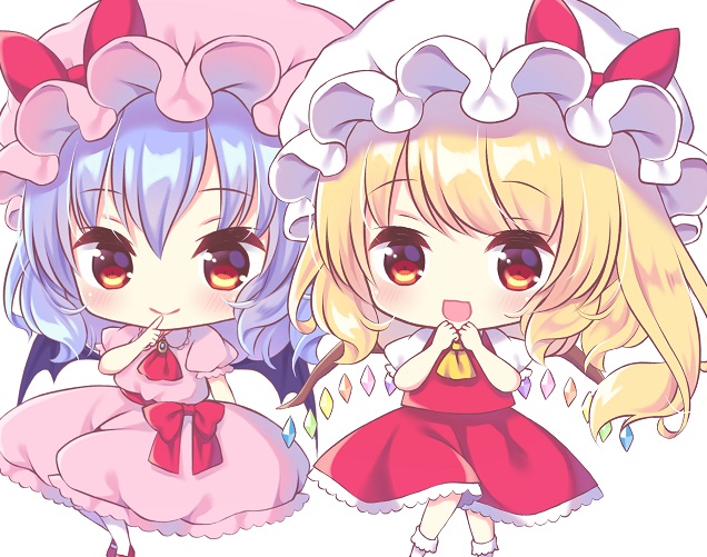 2girls :d ascot bat_wings blonde_hair blush bow brooch chibi closed_mouth collar collared_dress commentary_request dress eyebrows_visible_through_hair eyelashes feet_out_of_frame finger_to_mouth flandre_scarlet frilled_collar frilled_dress frills gem hand_to_own_mouth hat hat_bow jewelry kagome_f light_blue_hair light_smile looking_at_viewer mob_cap multiple_girls open_mouth petticoat pink_dress pink_hat puffy_short_sleeves puffy_sleeves red_bow red_footwear red_neckwear red_sash red_skirt red_vest remilia_scarlet sash shirt shoes short_hair short_sleeves side_ponytail simple_background skirt skirt_set smile socks touhou vest white_background white_hat white_legwear white_shirt wings yellow_eyes yellow_neckwear