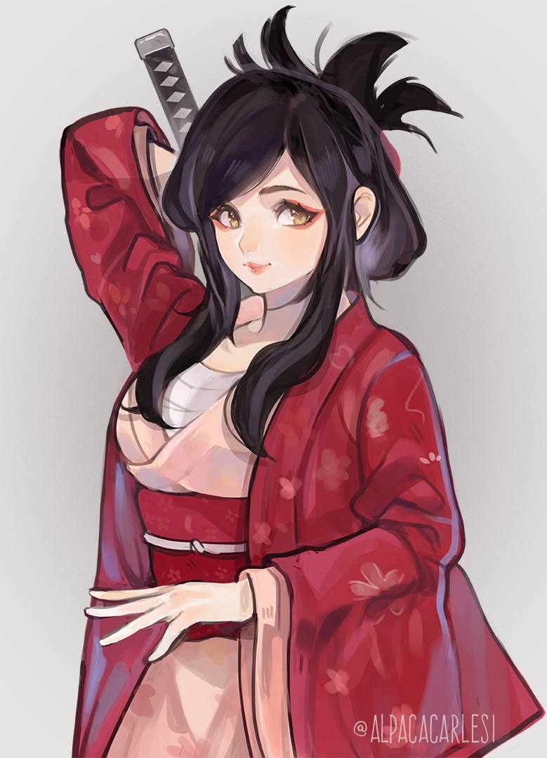 alpaca_carlesi black_hair commission hair_up japanese_clothes katana kimono long_hair long_sleeves looking_at_viewer original sarashi smile sword upper_body weapon yellow_eyes yukata