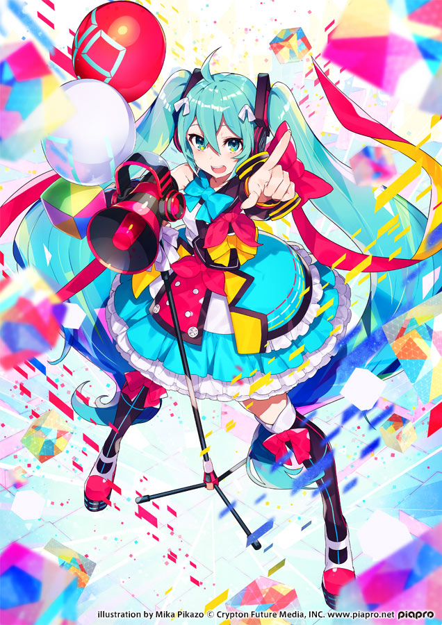 1girl 39 aqua_eyes aqua_hair black_legwear bow commentary_request dress hair_between_eyes hair_bow hatsune_miku headphones long_hair looking_at_viewer magical_mirai_(vocaloid) megaphone mika_pikazo official_art open_mouth pointing pointing_at_viewer ribbon shoes smile solo standing twintails upper_teeth very_long_hair vocaloid