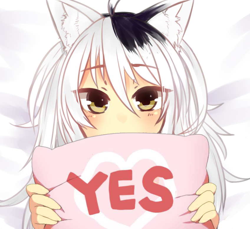 1girl ahoge animal_ears black_hair cat_ears hair_between_eyes holding long_hair multicolored_hair original osiimi solo two-tone_hair upper_body white_hair yellow_eyes yes-no_pillow