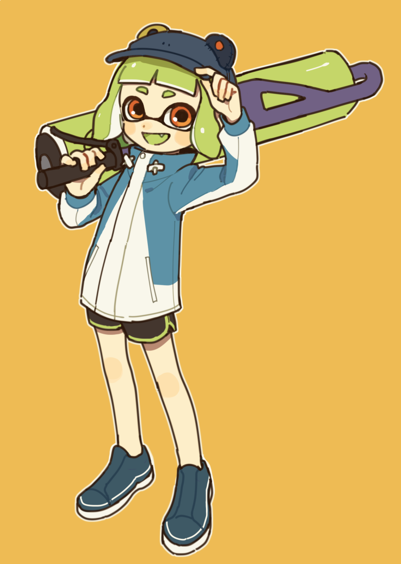 1girl adjusting_clothes adjusting_hat bangs baseball_cap black_shorts blue_footwear blue_hat blue_jacket blunt_bangs domino_mask fang flingza_roller_(splatoon) frog_hat full_body gomi_(kaiwaresan44) green_hair green_tongue hat holding holding_weapon inkling jacket looking_at_viewer mask open_mouth orange_background over_shoulder pointy_ears red_eyes shoes short_hair short_shorts shorts simple_background smile solo splatoon splatoon_2 standing tentacle_hair weapon weapon_over_shoulder