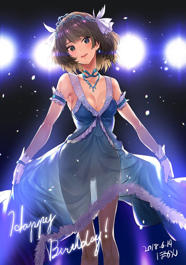 1girl armband backlighting bangs bare_shoulders blue_dress blue_eyes bowcan breasts brown_hair choker cleavage dated dress eyebrows_visible_through_hair gloves green_eyes hair_ribbon happy_birthday heterochromia hips idolmaster idolmaster_cinderella_girls jewelry legs medium_breasts mole mole_under_eye necklace open_mouth ribbon see-through_silhouette short_hair signature smile solo stage_lights swept_bangs takagaki_kaede thighs tiara waist white_gloves