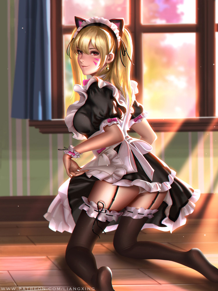 1girl alternate_costume animal_ears apron ass backlighting black_dress black_legwear blonde_hair braid breasts cat_ears commentary d.va_(overwatch) dress english_commentary enmaided facepaint facial_mark from_behind garter_straps indoors kneeling liang_xing light_beam looking_at_viewer looking_back maid maid_apron maid_headdress medium_breasts no_shoes nose on_floor overwatch panties pink_lips puffy_short_sleeves puffy_sleeves ribbon short_sleeves skirt skirt_lift smile solo sunlight thigh-highs twin_braids underwear waist_apron watermark web_address whisker_markings white_panties window wrist_cuffs