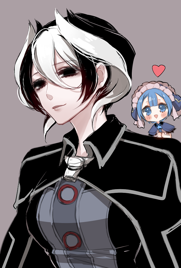 1boy 1girl :d black_cape black_eyes black_hair black_jacket blue_capelet blue_eyes blue_hair cape capelet chibi chino_machiko closed_mouth collared_cape eyelashes grey_background hair_between_eyes heart jacket looking_at_viewer made_in_abyss maid maid_headdress maruruk multicolored_hair open_mouth ozen pouch short_hair simple_background smile trap two-tone_hair whistle white_hair wing_collar