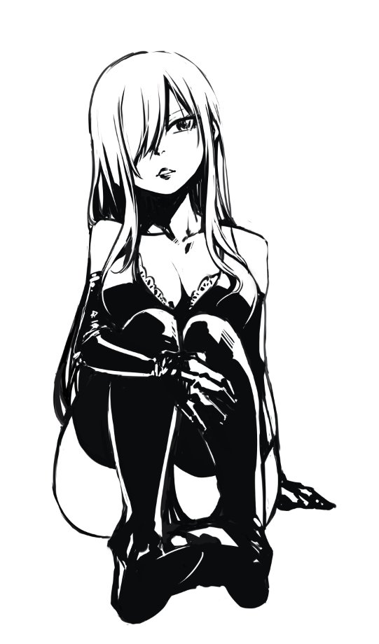 1girl arm_support bangs boots breasts cleavage collarbone elbow_gloves erza_scarlet fairy_tail full_body gloves greyscale hair_over_one_eye head_tilt long_hair mashima_hiro medium_breasts monochrome official_art parted_lips simple_background sitting sketch solo swept_bangs thigh-highs thigh_boots very_long_hair white_background