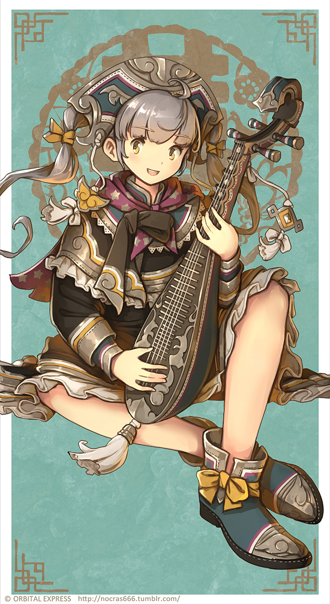 1girl ahoge bangs bespin blunt_bangs circle_name grey_hair highres holding holding_instrument instrument instrument_request long_hair looking_at_viewer original sitting solo tumblr_username twintails watermark web_address yellow_eyes