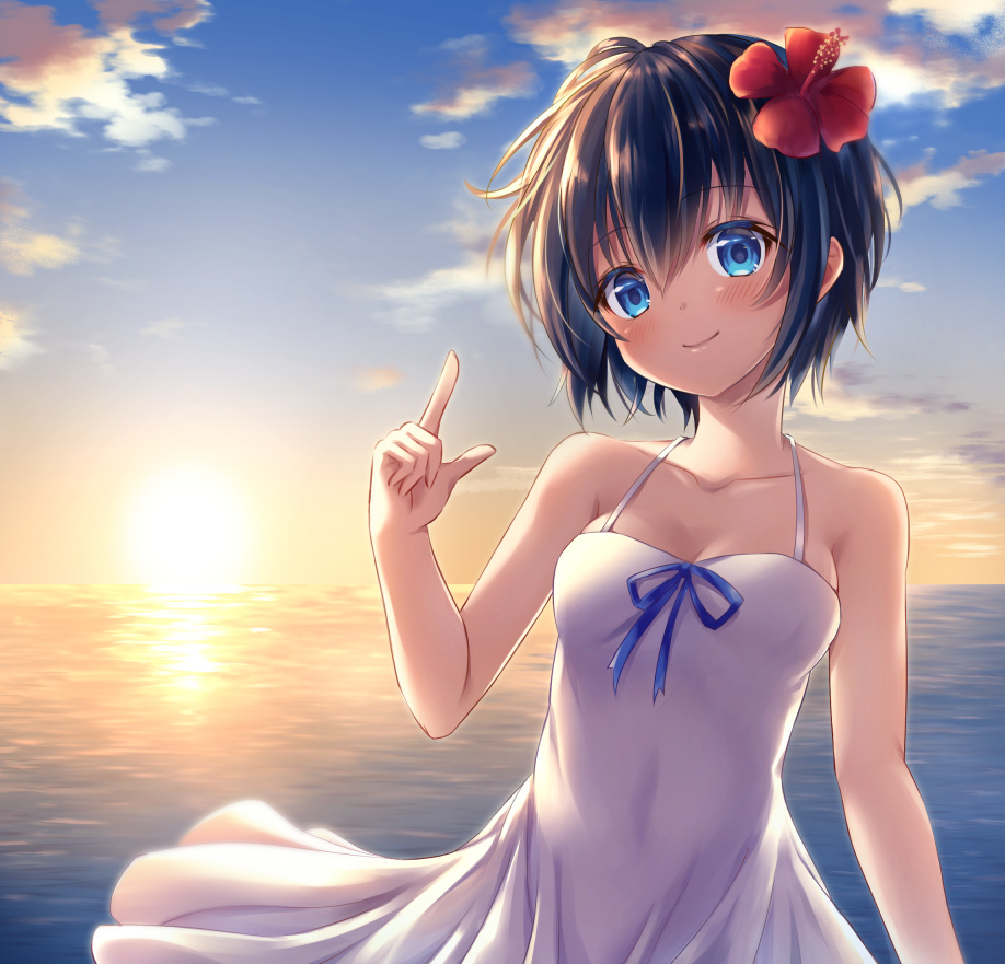 1girl bangs bare_arms bare_shoulders black_hair blue_eyes blue_ribbon blue_sky blush breasts character_request closed_mouth clouds collarbone commentary_request covered_navel day dress eyebrows_visible_through_hair flower hair_between_eyes hair_flower hair_ornament hand_up head_tilt hibiscus horizon index_finger_raised looking_at_viewer mahou_tsukai_to_kuroneko_no_wiz nekoinori ocean outdoors red_flower ribbon shiny shiny_hair short_hair sky sleeveless sleeveless_dress small_breasts smile solo spaghetti_strap standing sun sundress sunlight sunrise white_dress wind