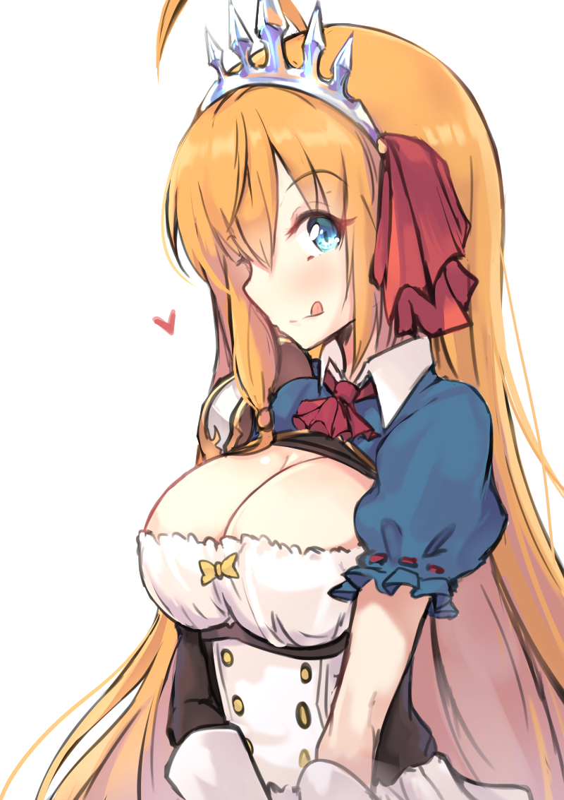 1girl :q ahoge blonde_hair blue_eyes breasts cleavage commentary_request eyebrows_visible_through_hair hair_between_eyes heart large_breasts long_hair nakatokung pecorine princess_connect! princess_connect!_re:dive short_hair simple_background solo tiara tongue tongue_out underbust upper_body white_background