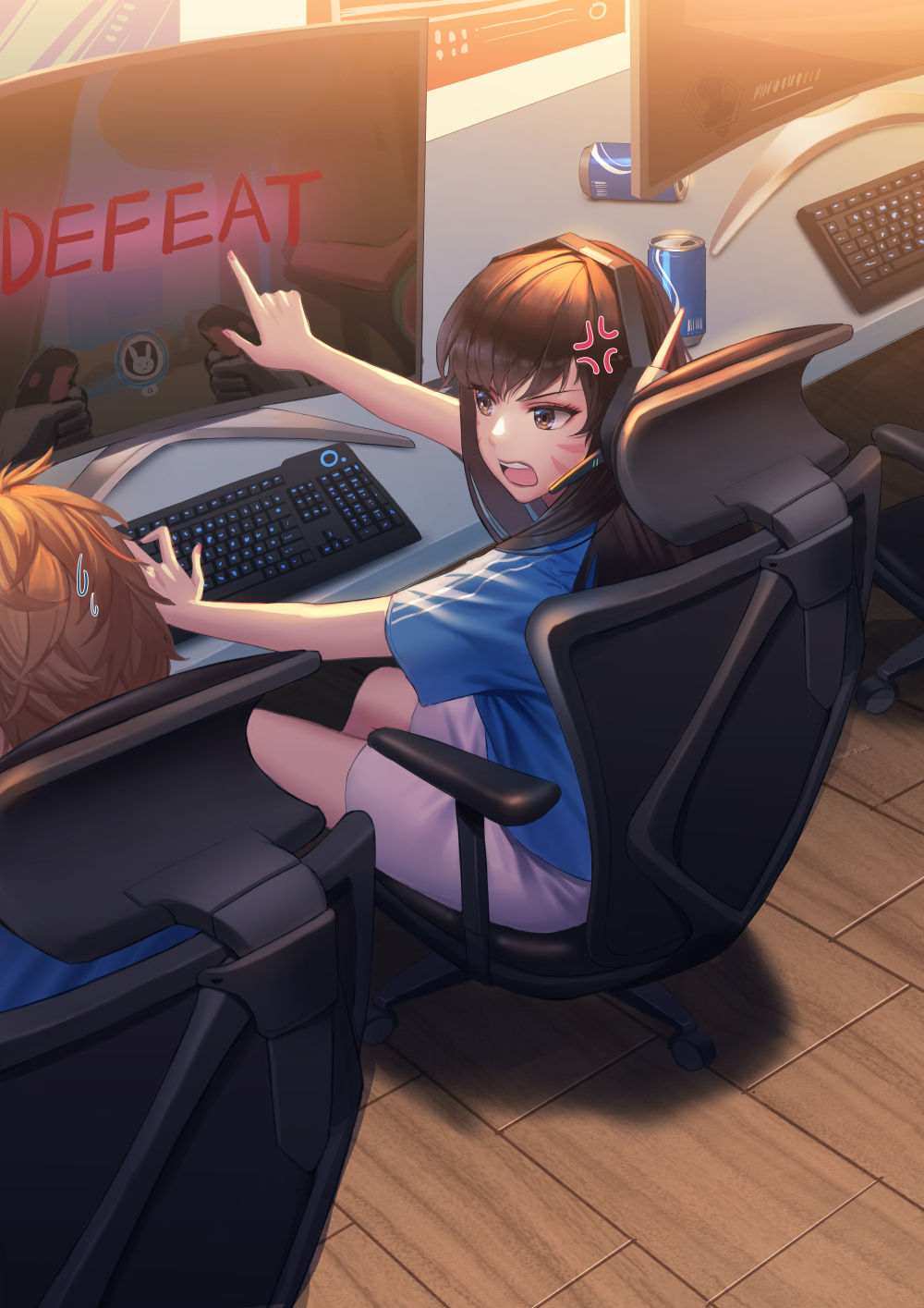 1boy 1girl anger_vein angry anier bangs blue_shirt brown_eyes brown_hair can chair computer d.va_(overwatch) desk eyelashes facepaint facial_mark fingernails from_behind highres indoors internet_cafe keyboard_(computer) long_fingernails long_hair monitor nail_polish office_chair open_mouth overwatch pink_nails playing_games pointing shirt short_hair short_sleeves shorts sitting sweatdrop upper_teeth video_game whisker_markings white_shorts wooden_floor