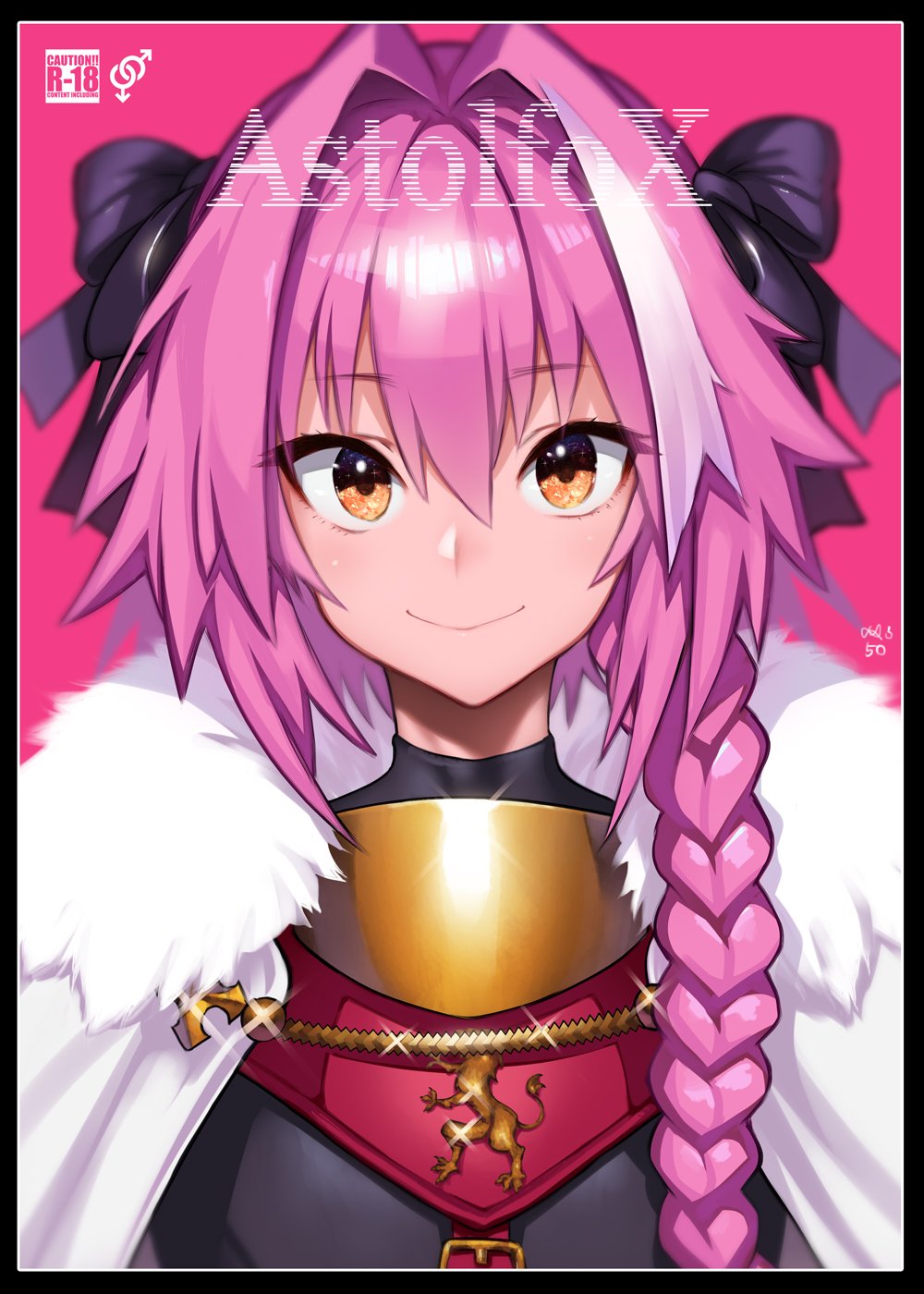 1boy astolfo_(fate) bangs black_bow bow braid closed_mouth commentary eyebrows_visible_through_hair fate/grand_order fate_(series) fur_collar hair_ribbon highres long_hair looking_at_viewer meme50 pink_hair ribbon single_braid smile solo trap yellow_eyes