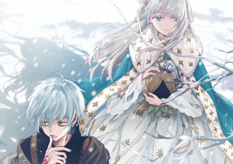 1boy 1girl anastasia_(fate/grand_order) blue_cloak blue_eyes command_spell commentary_request crown dangmill doll dress fate/grand_order fate_(series) fur-trimmed_cloak hairband holding holding_doll kadoc_zemlupus long_hair mini_crown royal_robe silver_hair snow white_dress yellow_eyes yellow_hairband