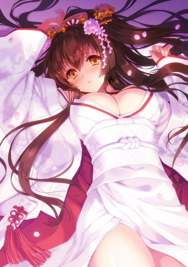 1girl breasts brown_eyes brown_hair carnelian cherry_blossoms cleavage flower hair_flower hair_ornament japanese_clothes kantai_collection kanzashi kimono large_breasts long_hair looking_at_viewer lying on_back parted_lips petals ponytail solo yamato_(kantai_collection)