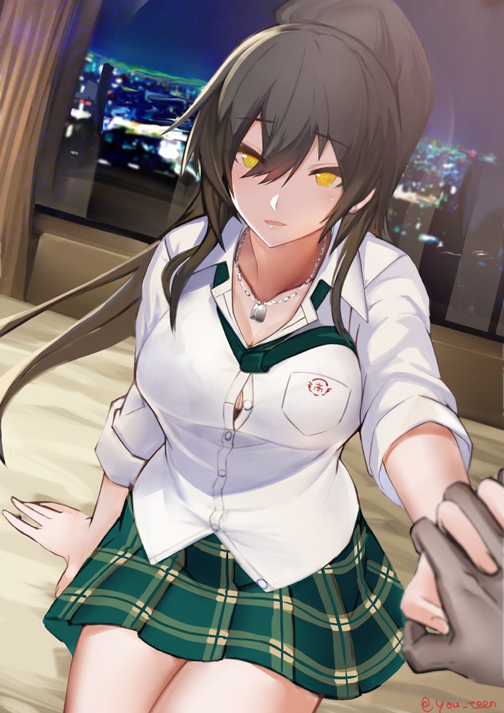 1girl bangs bed bed_sheet black_bra black_hair bra breasts city city_lights cityscape cleavage collarbone commentary curtains dark_skin dog_tags dress_shirt eyebrows_visible_through_hair green_neckwear hair_between_eyes hand_holding high_ponytail hotel_room idolmaster idolmaster_shiny_colors indoors large_breasts legs long_hair looking_at_viewer loose_necktie miniskirt necktie night night_sky on_bed open_clothes open_mouth open_shirt open_window parted_lips plaid plaid_skirt pleated_skirt ponytail razu_(rus) school_uniform shirase_sakuya shirt sitting sitting_on_bed skirt sky skyline taut_clothes taut_shirt thighs twitter_username underwear white_shirt window yellow_eyes