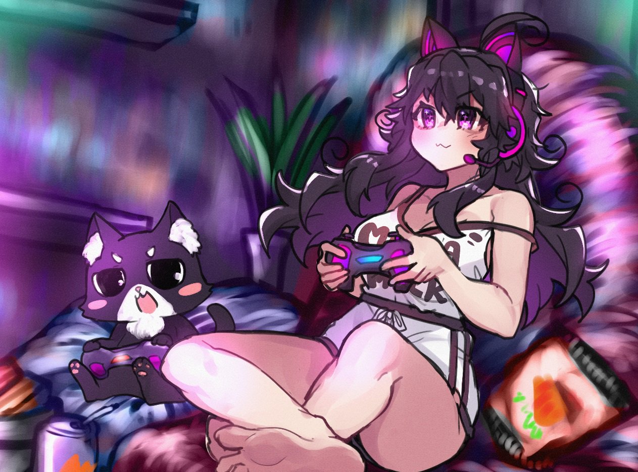 1girl :3 ahoge bare_shoulders black_hair boyshorts breasts cat cat_ear_headphones chips cleavage closed_mouth commentary controller english_commentary food game_controller gamepad headphones holding indian_style large_breasts long_hair mega_milk messy_hair microphone nyarla_(osiimi) original osiimi playing_games sitting smile smug solo strap_slip violet_eyes