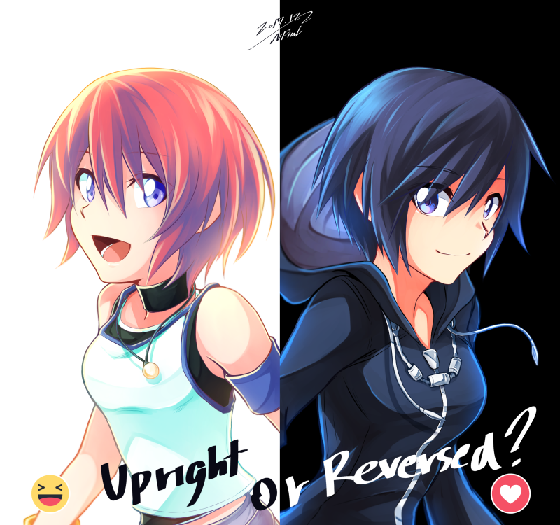 2girls :d armband bangs bare_shoulders black_choker black_coat black_coat_(kingdom_hearts) black_hair blue_eyes breasts choker closed_mouth dated emoji english eyebrows_visible_through_hair hair_between_eyes hood jewelry jin.n kairi_(kingdom_hearts) kingdom_hearts kingdom_hearts_358/2_days kingdom_hearts_i long_sleeves looking_at_viewer medium_breasts multiple_girls necklace open_mouth organization_xiii redhead shirt short_hair signature smile symmetry tank_top teeth tongue upper_body white_shirt xion_(kingdom_hearts)