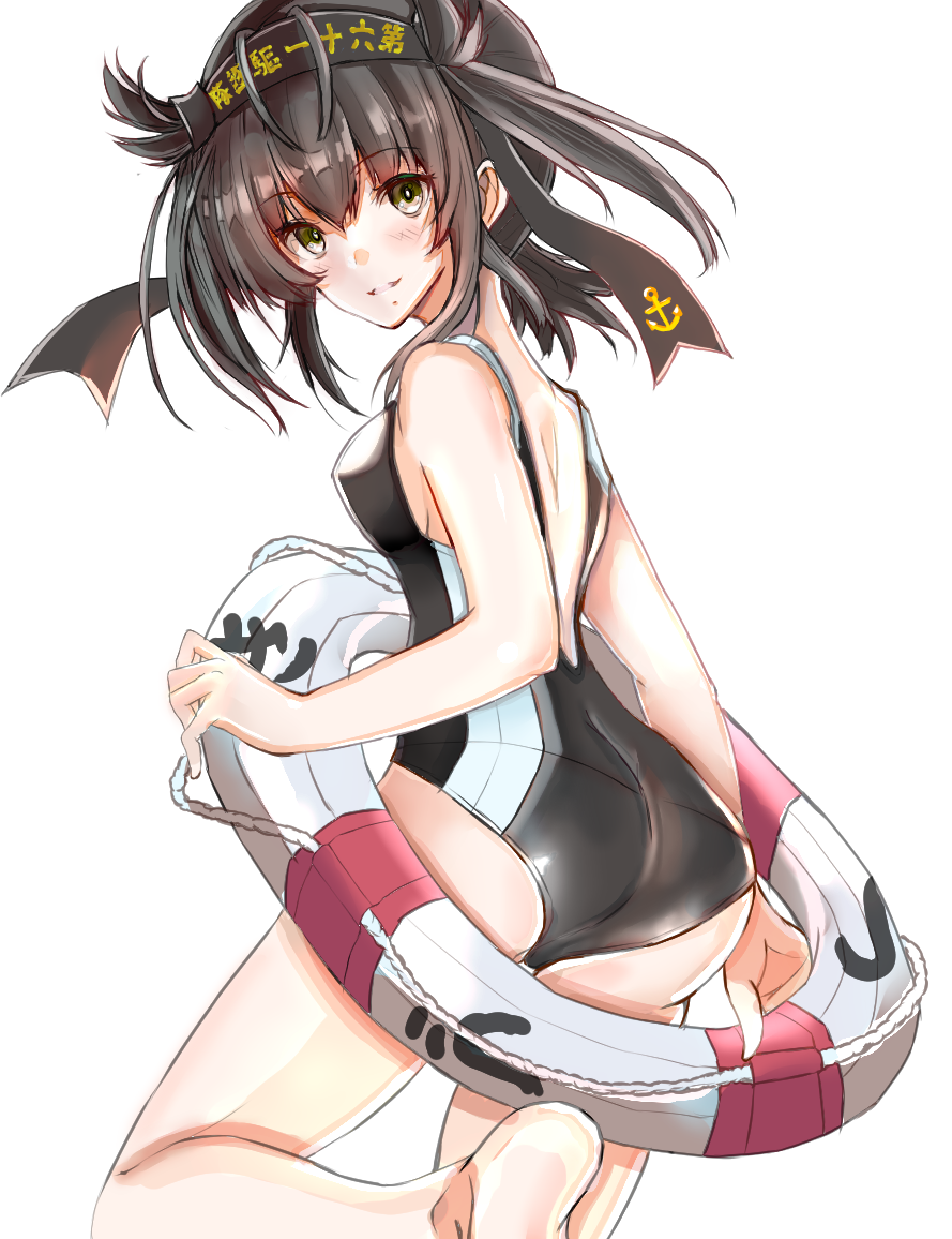 1girl anchor_symbol ass black_swimsuit brown_hair clothes_writing competition_swimsuit cowboy_shot eriyama_(user_csua4255) from_behind hair_flaps hatsuzuki_(kantai_collection) headband kantai_collection lifebuoy looking_at_viewer one-piece_swimsuit short_hair simple_background solo swimsuit white_background yellow_eyes