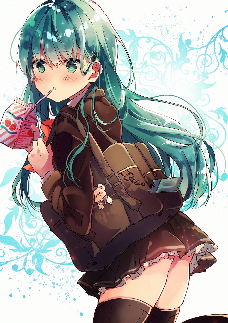 1girl aqua_eyes aqua_hair ascot bag blazer blush brown_legwear brown_skirt carton drinking_straw green_hair hair_ornament hairclip highres jacket kantai_collection long_hair long_sleeves milk_carton nanahamu pleated_skirt school_bag school_uniform sipping skirt solo strawberry_milk stuffed_animal stuffed_toy suzuya_(kantai_collection) teddy_bear thigh-highs zettai_ryouiki