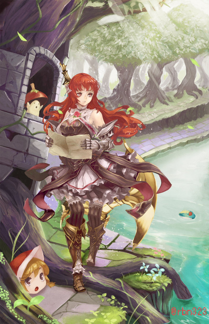 2girls armor armored_dress axe bonnet boots breasts character_check commentary_request cordelia_(saga) dress gloves highres long_hair meme multiple_girls primiera_(saga) rbn redhead saga saga_frontier_2 very_long_hair yukkuri_shiteitte_ne