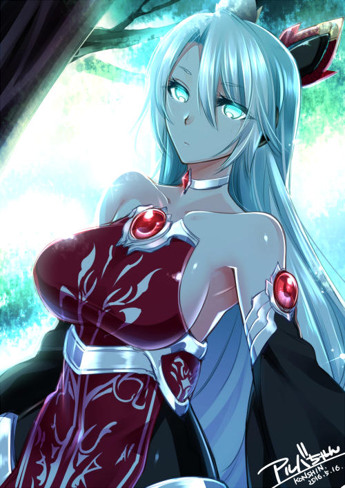 1girl bare_shoulders blue_eyes blue_hair breasts choker closed_mouth commentary_request dated day gem glint hair_ornament konshin large_breasts long_sleeves looking_at_viewer original outdoors red_eyes sideboob signature solo tree upper_body wide_sleeves